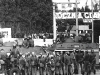 Demonstracja przed bramą Stoczni Gdańskiej im. Lenina w rocznicę podpisania porozumień sierpniowych. Na pierwszym planie transportery opancerzone i oddział ZOMO 31 sierpnia 1982 r.