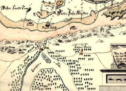 Fragment mapy z 1870 roku z widoczną drogą i mostkiem nad ślepą odnogą Jeziora Zaspa