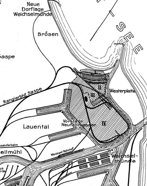 Projekt rozbudowy gdanskiego portu z 1924 r U dolu widoczne Wisłoujście u góry planowane Nowe Wisłoujście